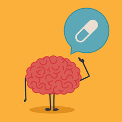 Brain character with a bubble chat: pills