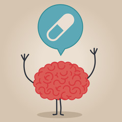 Brain character with a bubble chat: pills