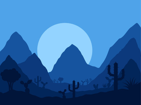 vector mexican twilight landscape with silhouette of cactus