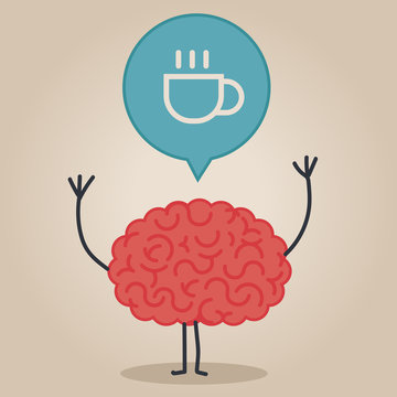 Brain character with a bubble chat: coffee