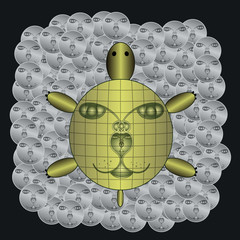 Gold turtle on silver coins. Vector EPS 10