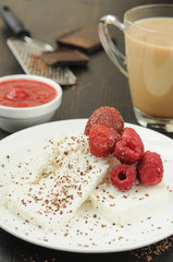 Cottage cheese with fresh berries and coffee with milk for break