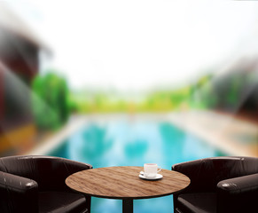 Plakat wood Table Top Background and Pool 3d render