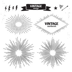 Set of Vintage Sun Burst. Vector monochrome light rays