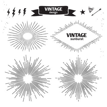 Set of Vintage Sun Burst. Vector monochrome light rays