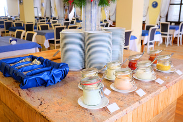 Breakfast buffet with variety of sauces