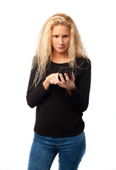 Fototapeta premium Worried girl using a mobile