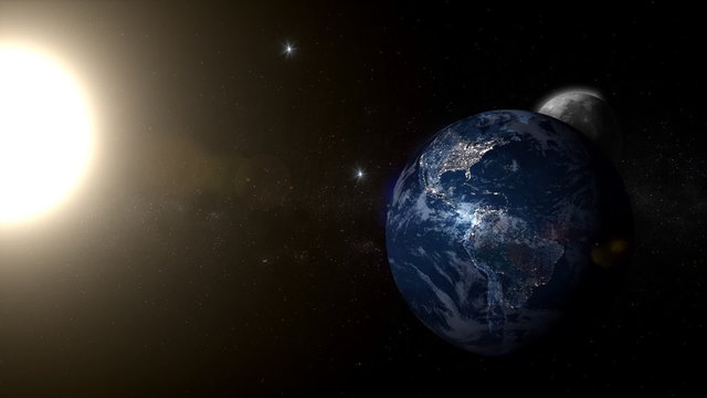View of the moon and the sun while traveling around the earth,  while some stars are borning in the background