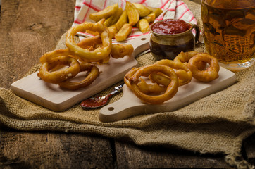 Onion rings, hot dip, french fries and Czech beer