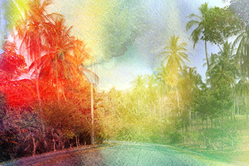 watercolor retro palm trees on the road