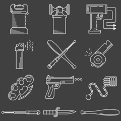 Flat line icons vector collection of self-defense accessory