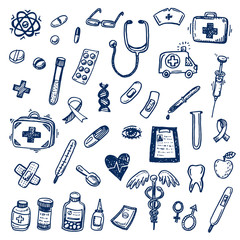 Hand drawn healthcare and medicine doodle icons set
