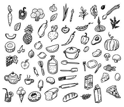 Hand drawn doodle healthy food icons set