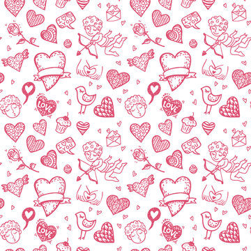 Valentine`s day hand drawn doodle background