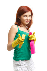 Young woman with spray bottle and sponge.