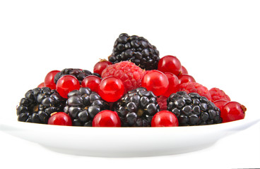 Bunch of blackberries, red currants and raspberries on white