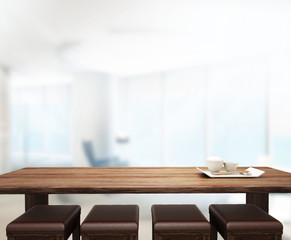 Wood Table  Top Background In Office 3d render