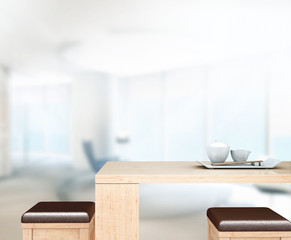 Wood Table  Top Background In Office 3d render