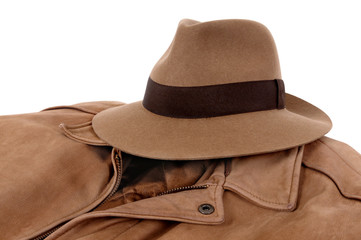 Fedora classic felt hat and leather jacket isolated white background photo