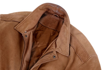 Classic tan brown leather jacket coat isolated white background photo
