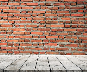 Wood Table Top And Brickwall Background