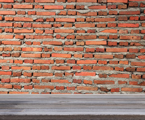 Wood Table Top And Brickwall Background