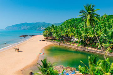 sandy beach in the beautiful resort location in Goa - obrazy, fototapety, plakaty