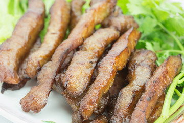 Fried pork, Thai food served with vegetable
