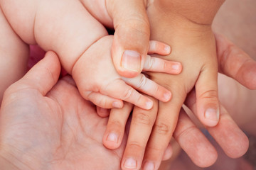 Four hands of the family. concept of love, friendship, happiness