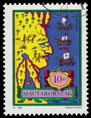 Stamp printed in Hungary shows World Exhibition EXPO Sevilla