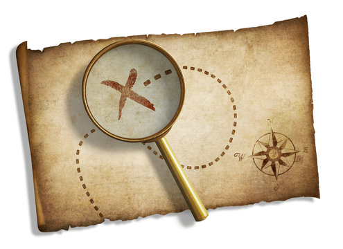 Fototapeta old magnifying glass and pirates' treasure map isolated