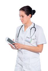 Woman doctor holding a tablet pc, isolated on white