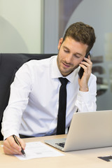 Cheerful Businessman on mobile phone in office
