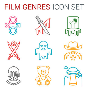 Flat line icons set of professional film production, movie