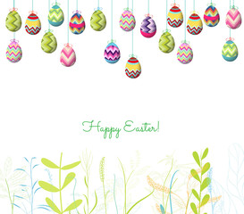 easter eggs hanging on the wire and florals background