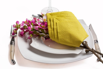 Pliage de serviette en cornet fleuri sur assiette blanche