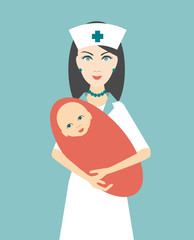 Nurse holding newborn child. Flat design. Vector.