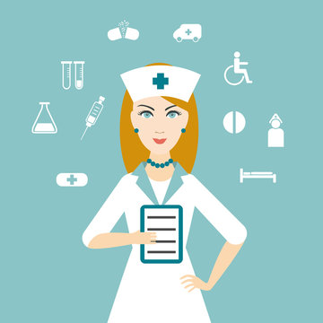 Nurse with medical icons. Flat design.