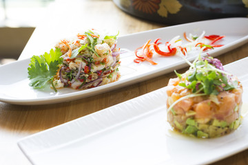 Salmon Tartare stack with Avocado, Olives & Tarragon