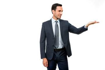businessman in suit with lifted arm