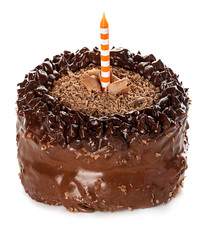Cake and candle isolated on white background