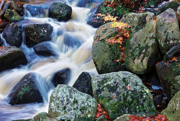 Autumn waterfall closeup with rocks and yellow leaves