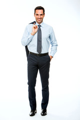 smiling businessman with jackets on the shoulders