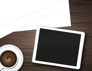 Vector computer tablet, coffee and blank page on wooden