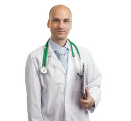 Smiling medical doctor man with laptop