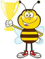 Bee Cartoon Mascot Character Holding A Golden Trophy