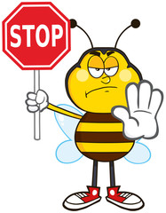 Angry Bee Cartoon Mascot Character Holding A Stop Sign