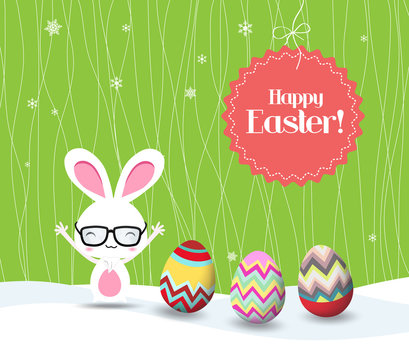happy easter with bunny and eggs greeting card