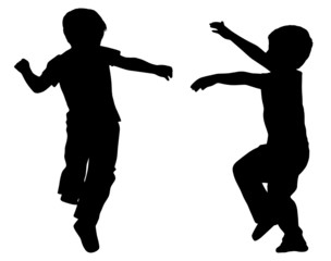 Silhouettes of two little boys who run