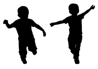 Silhouettes of two little boys who run